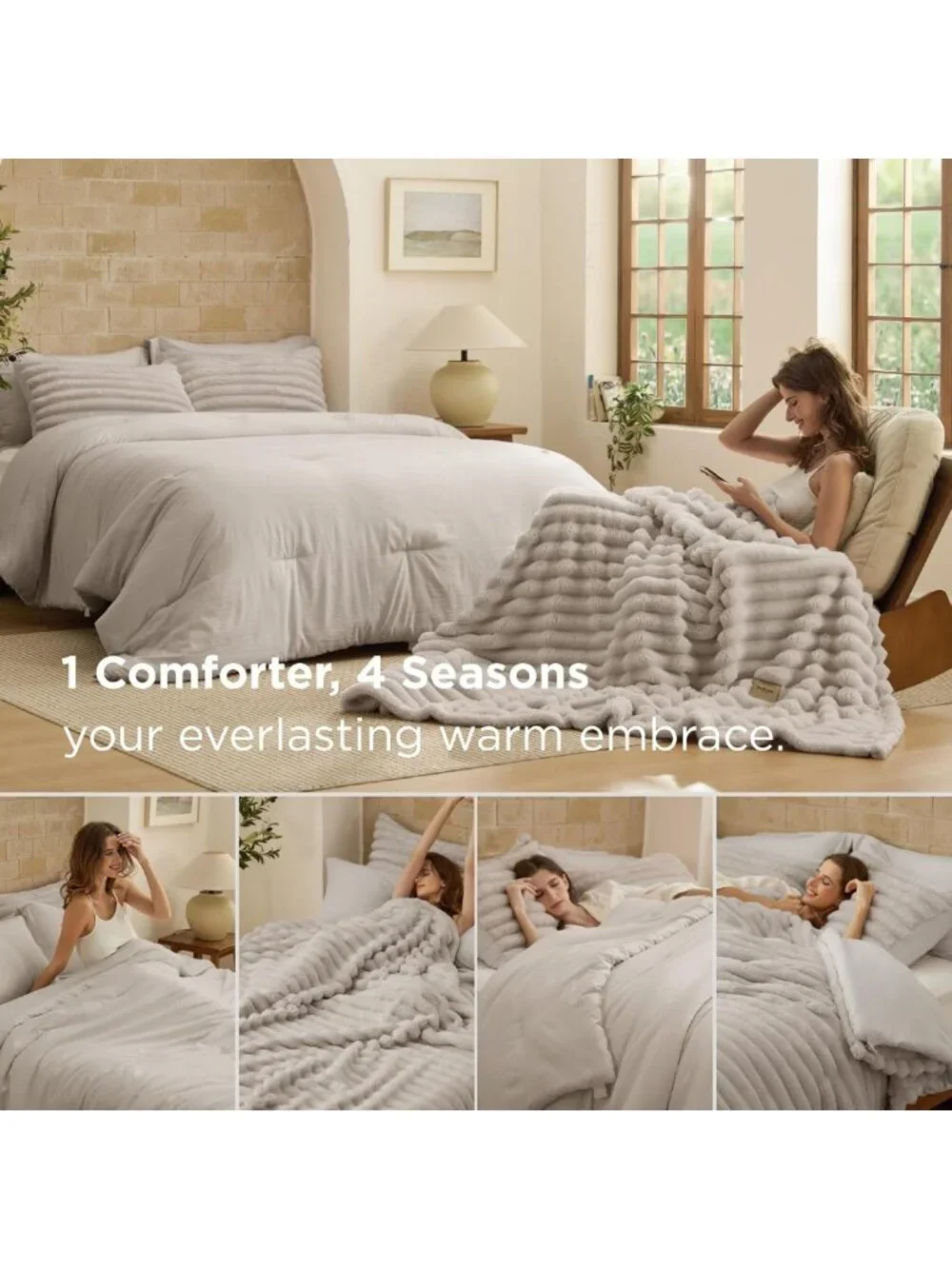 Cozy 2-in-1 Queen Comforter Set with Detachable Fleece Blanket, Beige Color